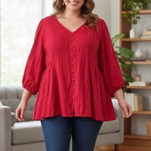 V-Neck Red Peplum Blouse Balloon Sleeves Holiday Statement Flowy Relaxed Fit